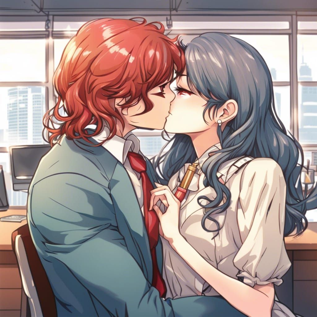 Romantic Office Kiss in Anime Style