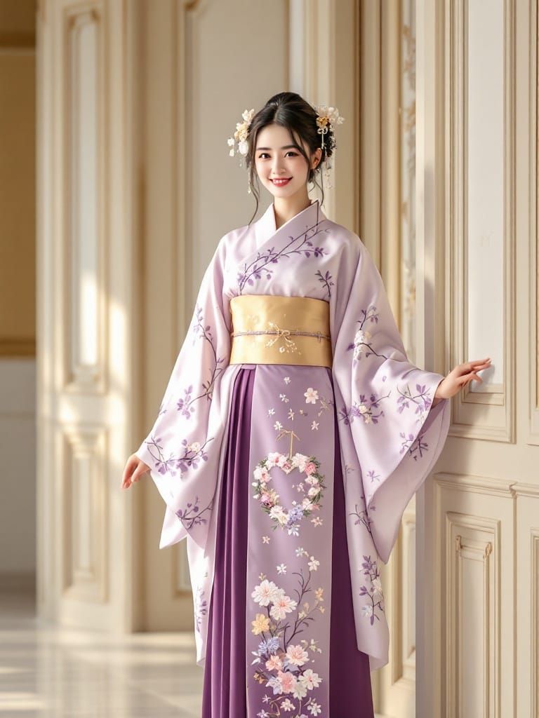 A full body view of A young woman, hyperrealistic, in a traditional Japanese graduation kimono.  Light lavender/lilac ki...