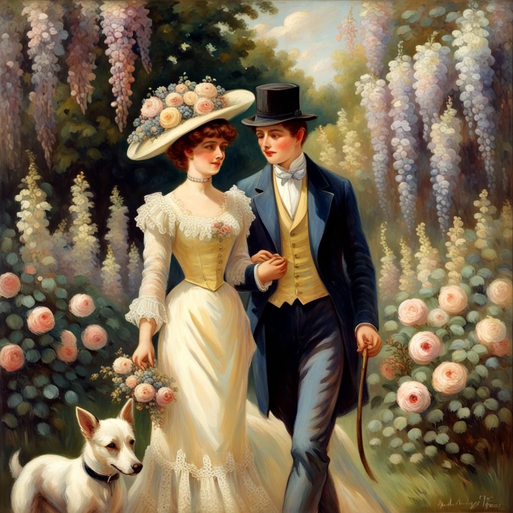 Romantic Garden Stroll in 1900s Painting Style