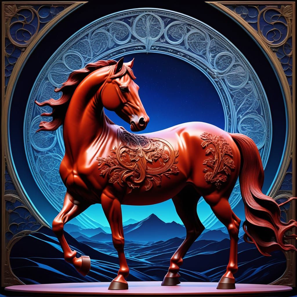 Ethereal Art Nouveau Horse and Rider in Vibrant Red
