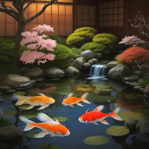 Koi Fish in Japanese Garden: Surreal Anime Style
