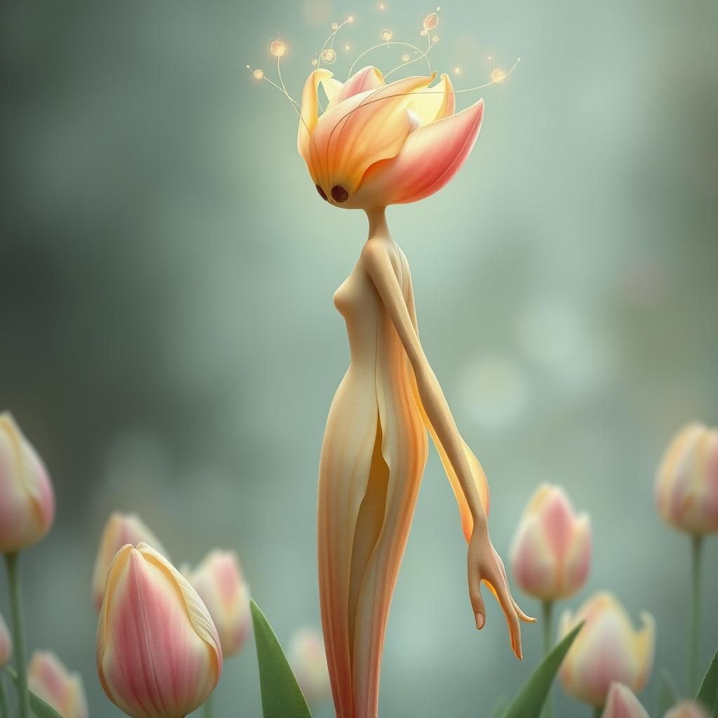 Ethereal Tulip-Petal Humanoid in Watercolor Fantasy Art