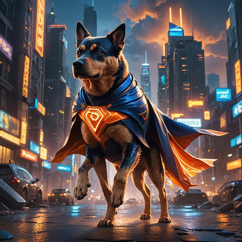 Heroic Superdog in Futuristic Cityscape, Digital Art