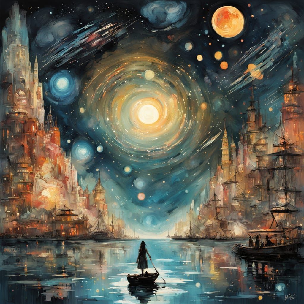 Majestic Galaxy Merges with Waterfall Cityscape in Gouache M...