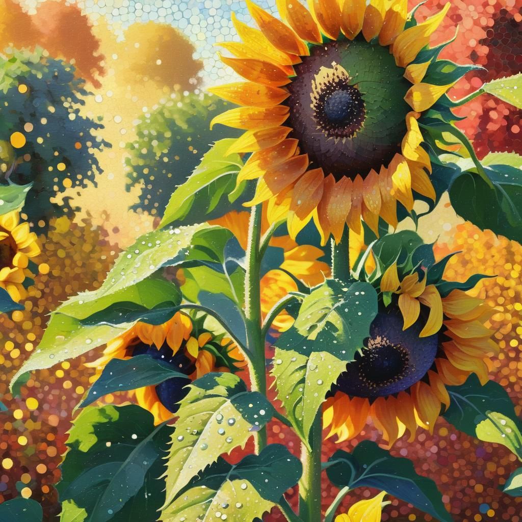 Sunflower Pointillism Impressionist Garden in Vivid Colors
