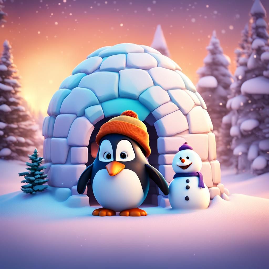 Penguin Hats Snowman: Pixar-Style 3D Rendering