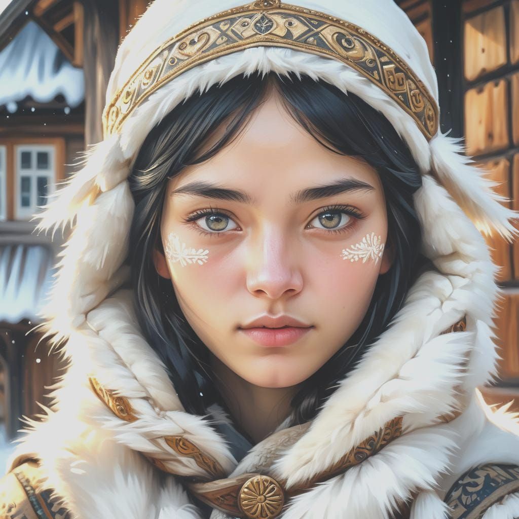 Yakut Girl's Winter Portrait in Oil Painting Style