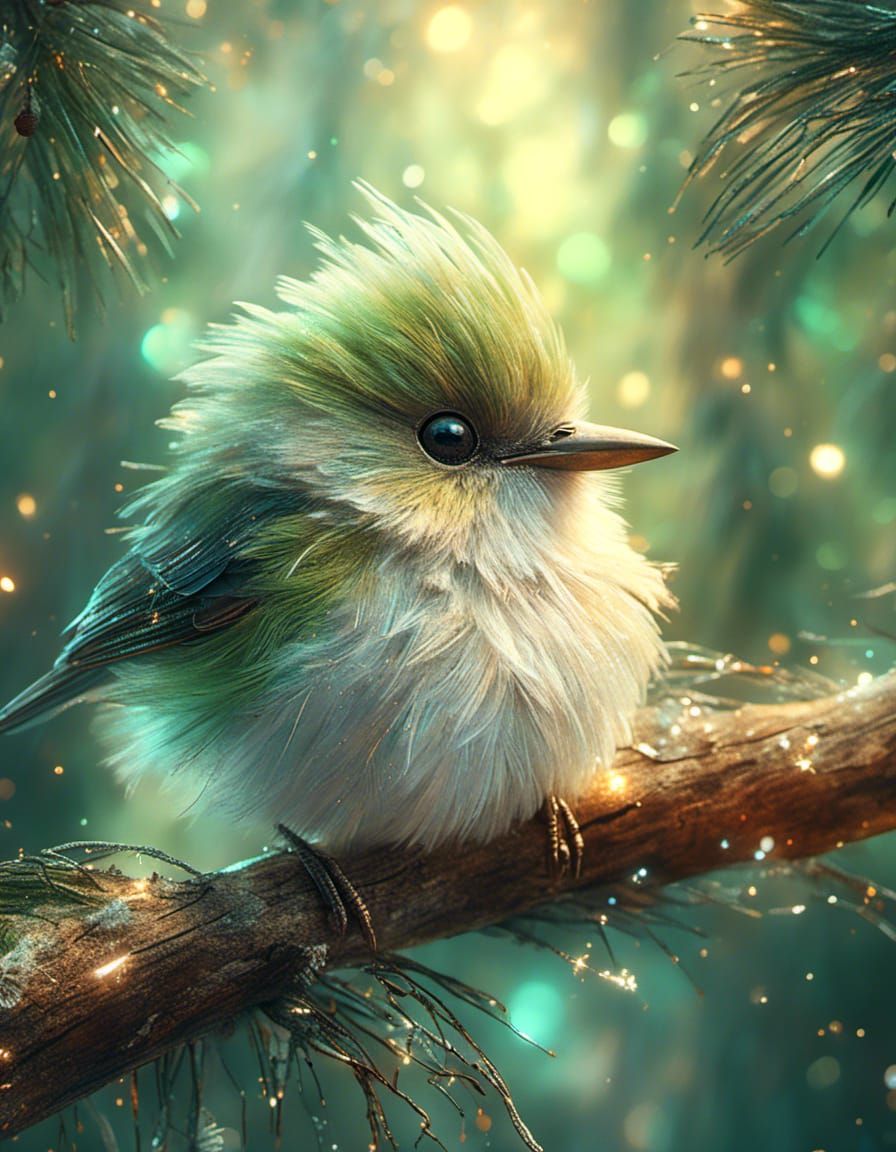 Cute Bird on Pine Branch in Pastel Style