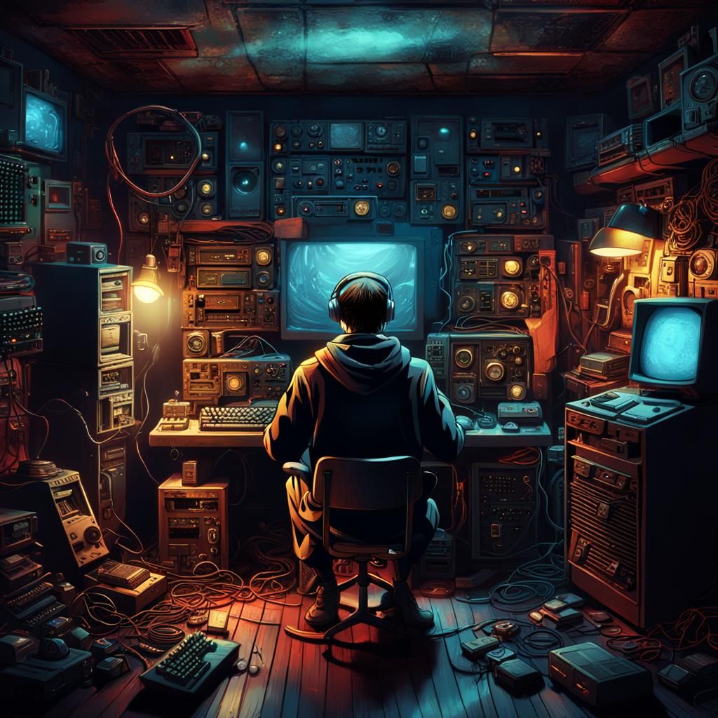 Nostalgic Gamer in Dimly Lit Room: Retro-Futuristic Art