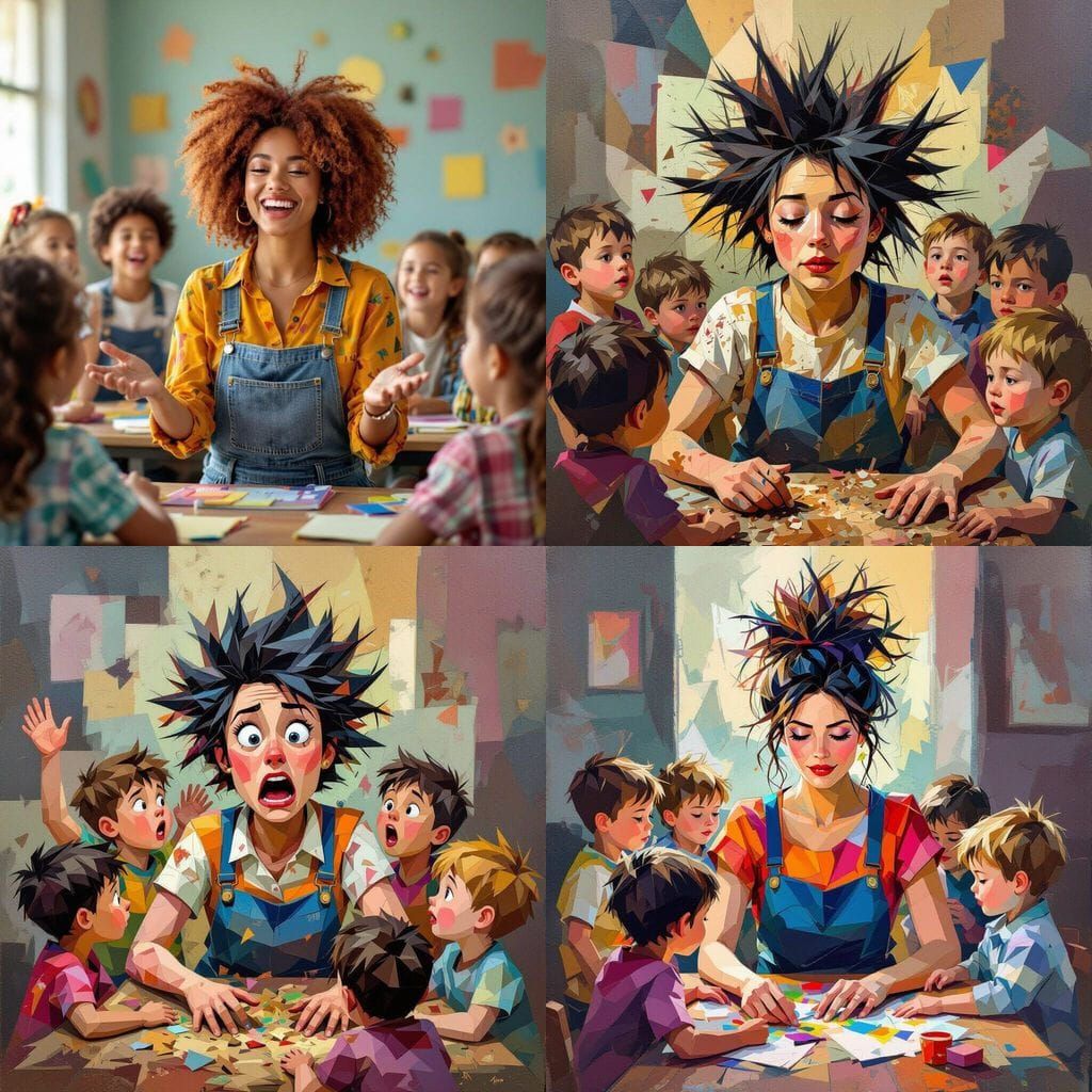 Cubist Painting of Teacher with Wild Hair Amidst Messy Child...
