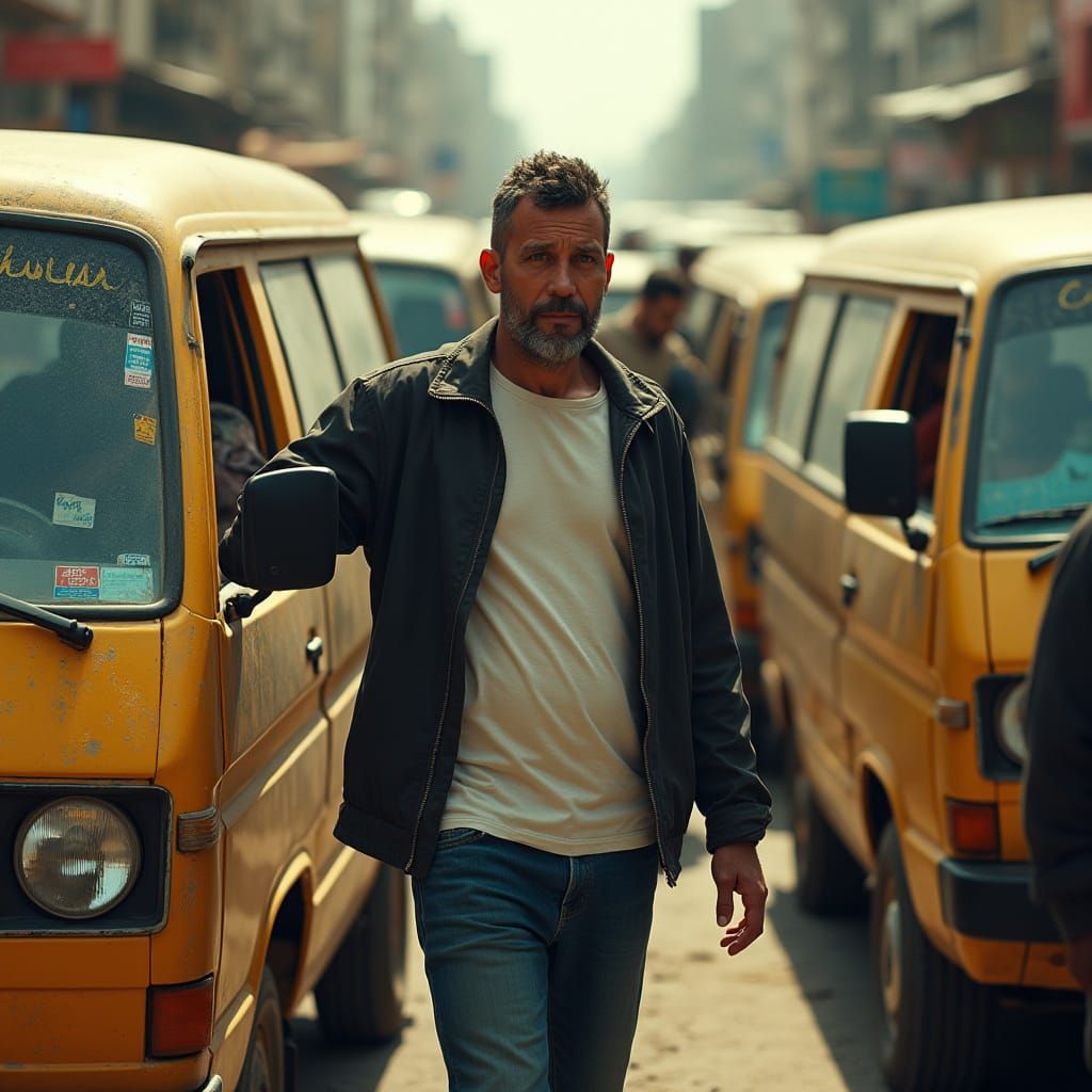 Bustling Egyptian Minibus Station Cinematic Film Still