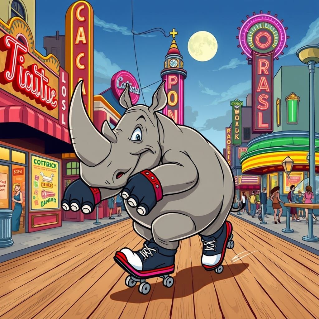 Cartoon Rhino Roller-Skating on Boardwalk in Rubberhose Styl...