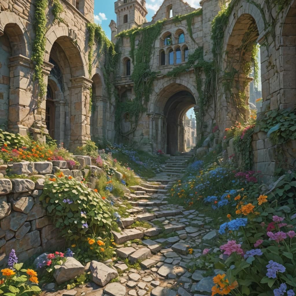 Castle Ruins Reclaimed by Nature: Mixed Media Art