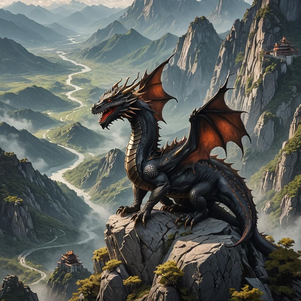 Dragon Perched on Mountain Peak