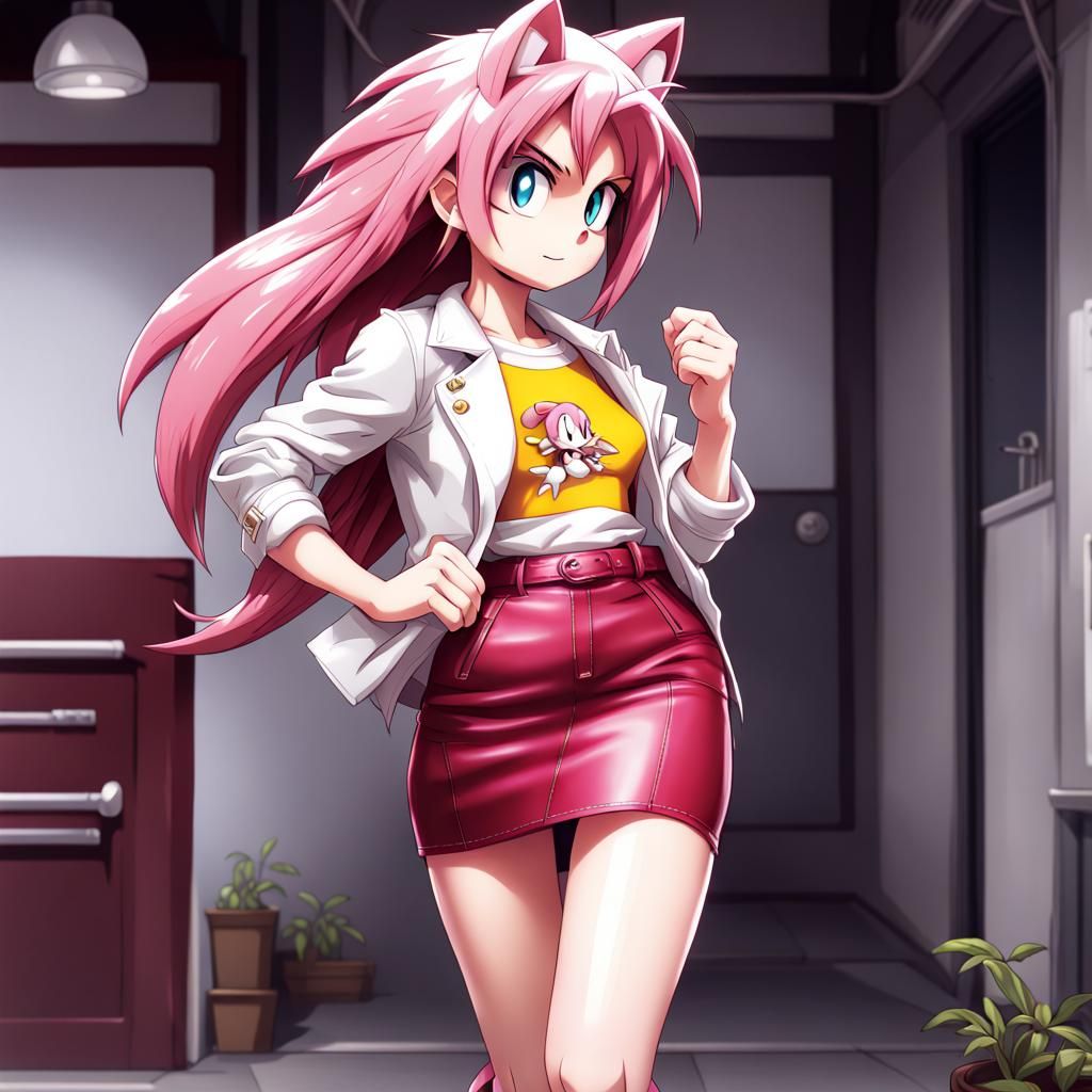 Amy Rose in Leather Skirt, Anime Style