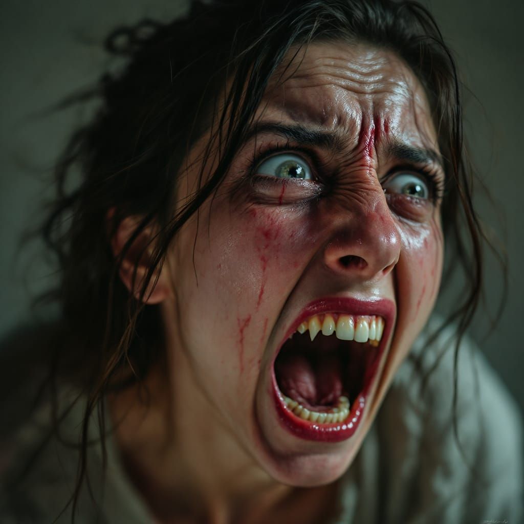 Her face contorted, eyes wide with terror, mouth agape in a silent scream. Tendons strained in her neck, veins bulging a...