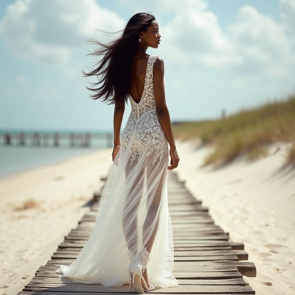 Elegant Dark-Skinned Model in Wedding Dress on Beach