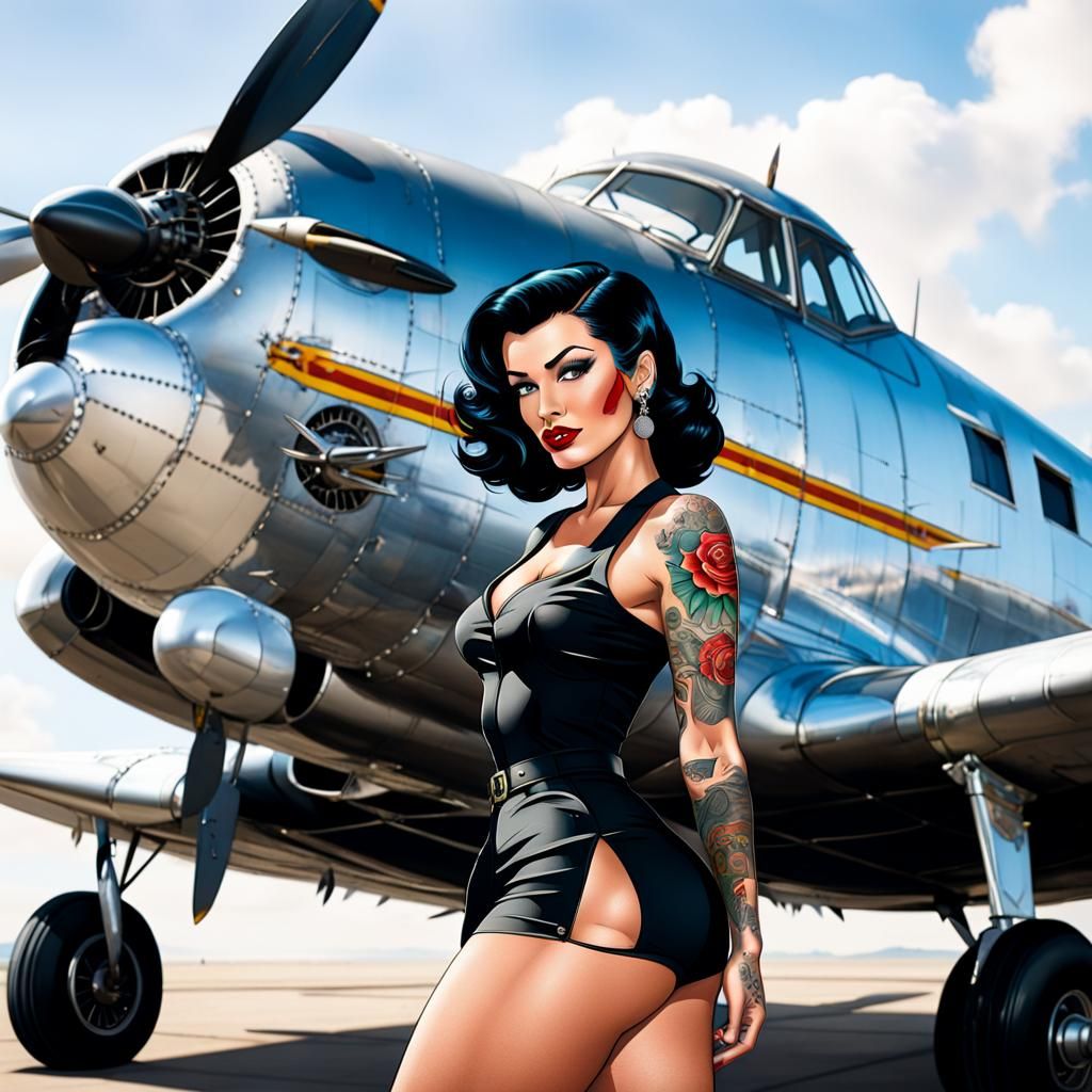 Tattooed Pinup Girl with Airplane