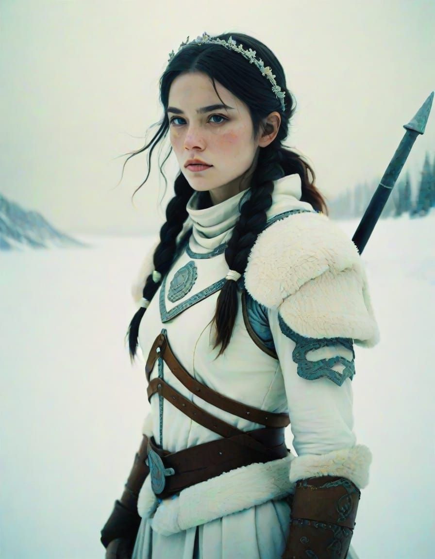Ethereal Warrior Maiden in Snowy Tundra Landscape