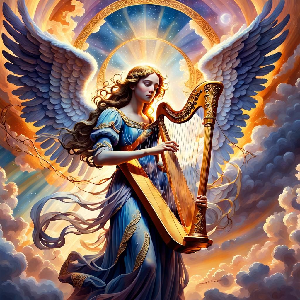 Angel Playing Harp in Celestial Cloudscape