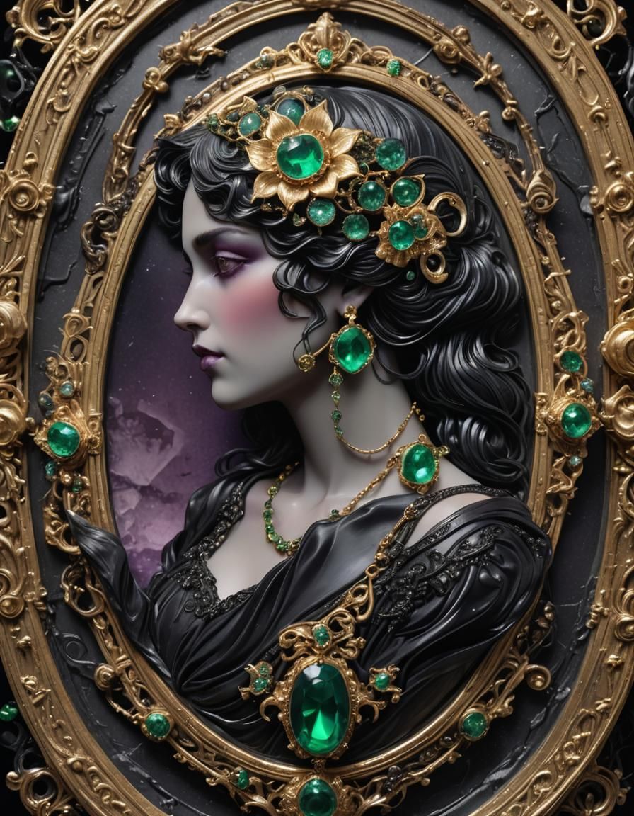 Gothic Woman with Emerald Cameo: Dark Fantasy Art