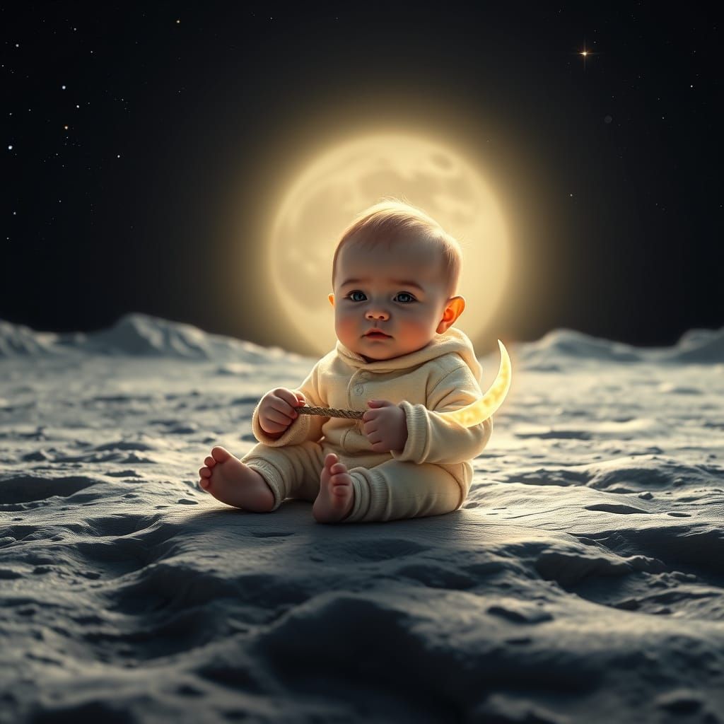 Whimsical Moonlit Scene with Cherubic Baby