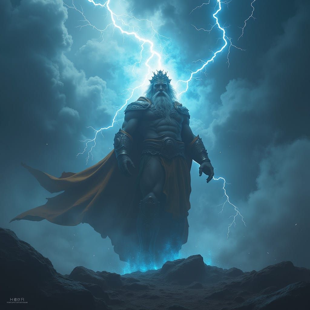 Regal Zeus Standing Heroically Amidst Stormy Skies