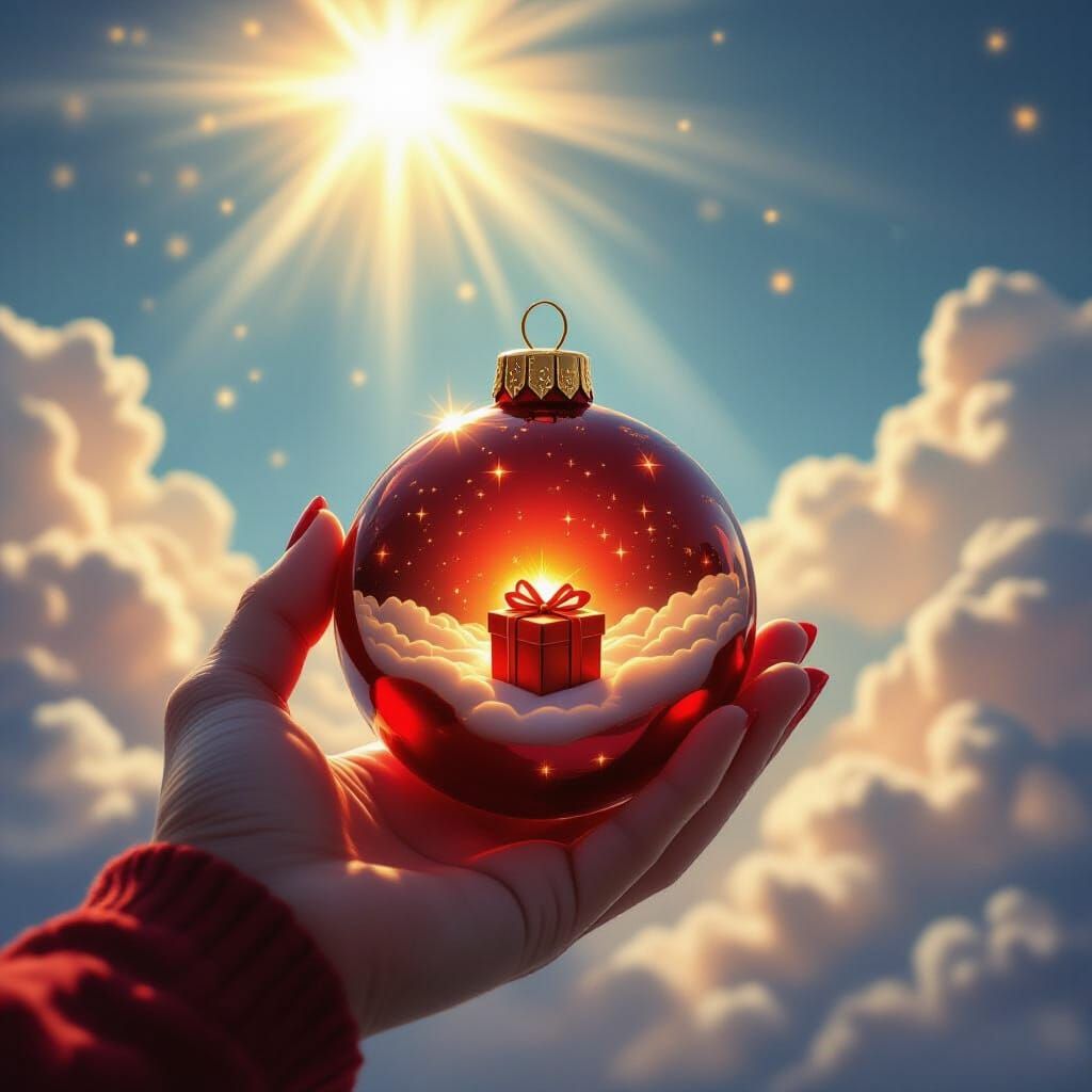 Christmas Ornament Reflection Holding Gift in Heavenly Light