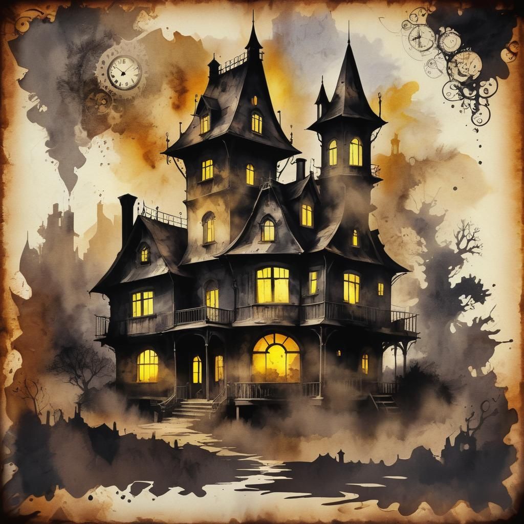 Vintage House Silhouette with Steampunk Ink Painting