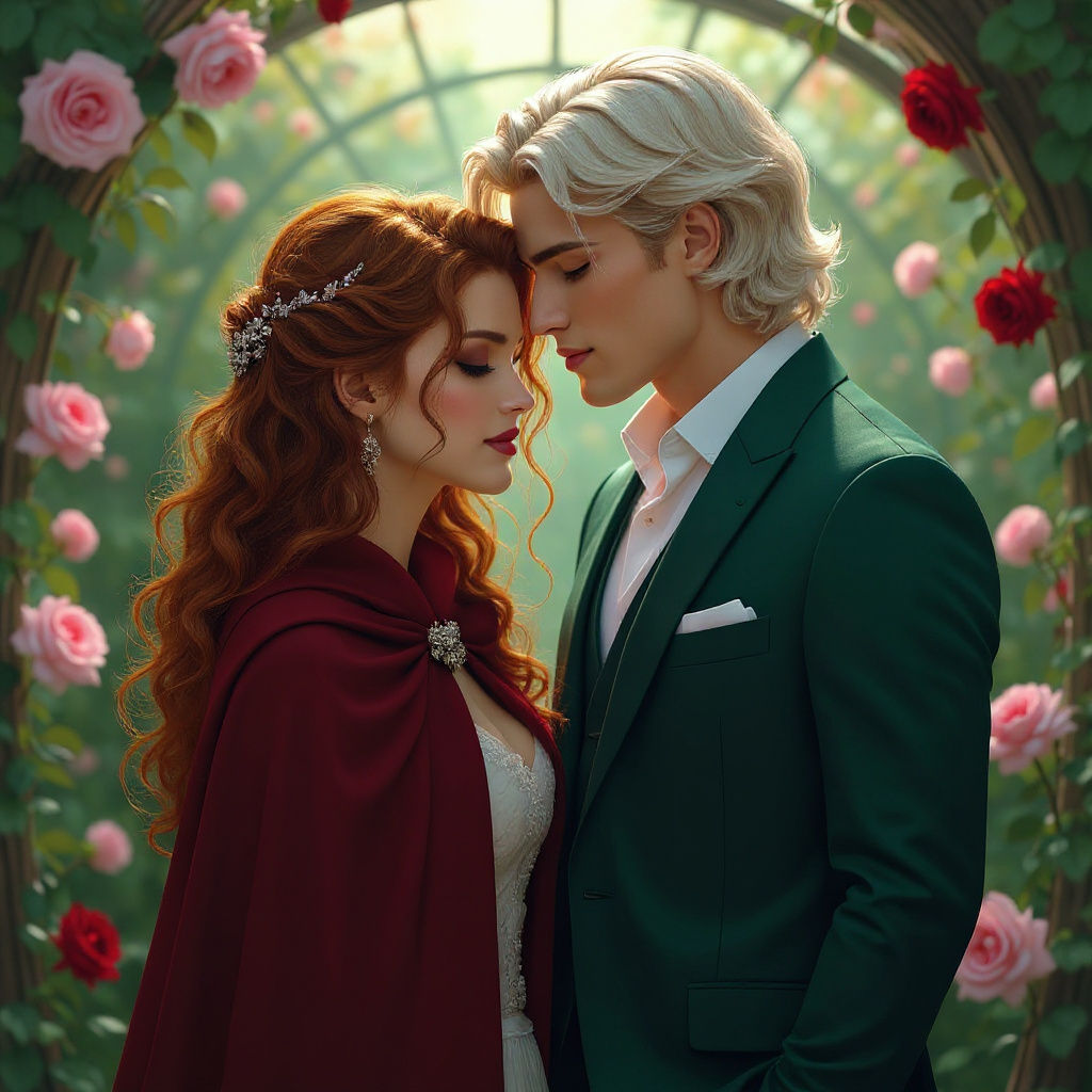 Ethereal Rose Garden Scene with Woman in Red Cloak