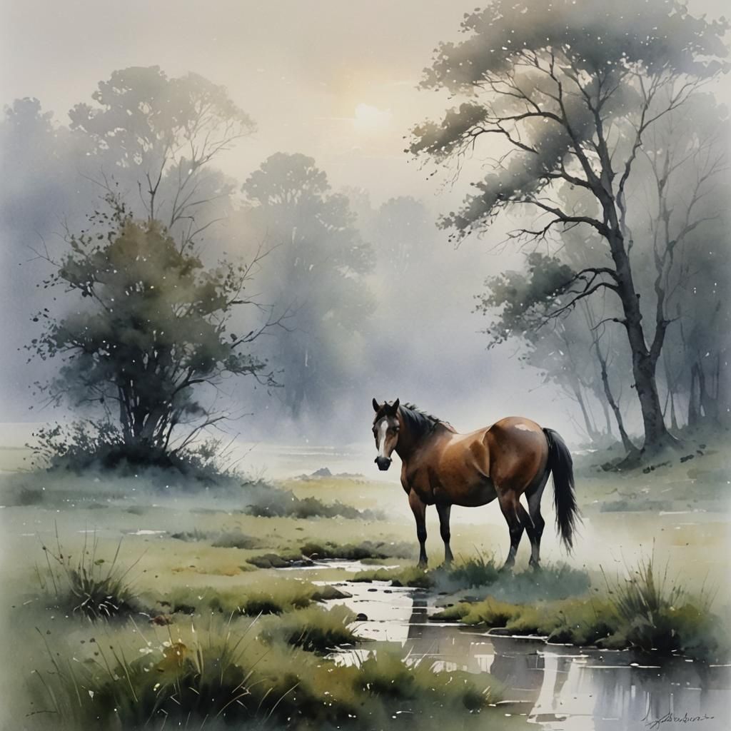 Horse in Tranquil Landscape: Watercolor Painting
