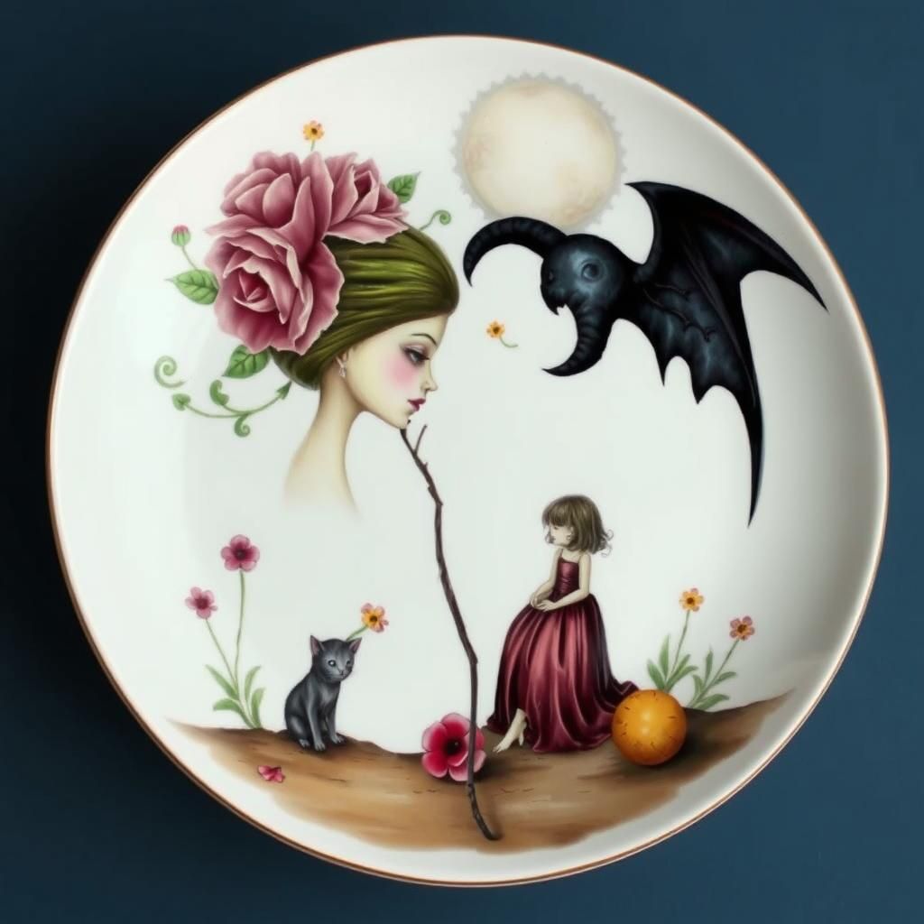 Contrasting Beauty and Darkness on Porcelain Plate