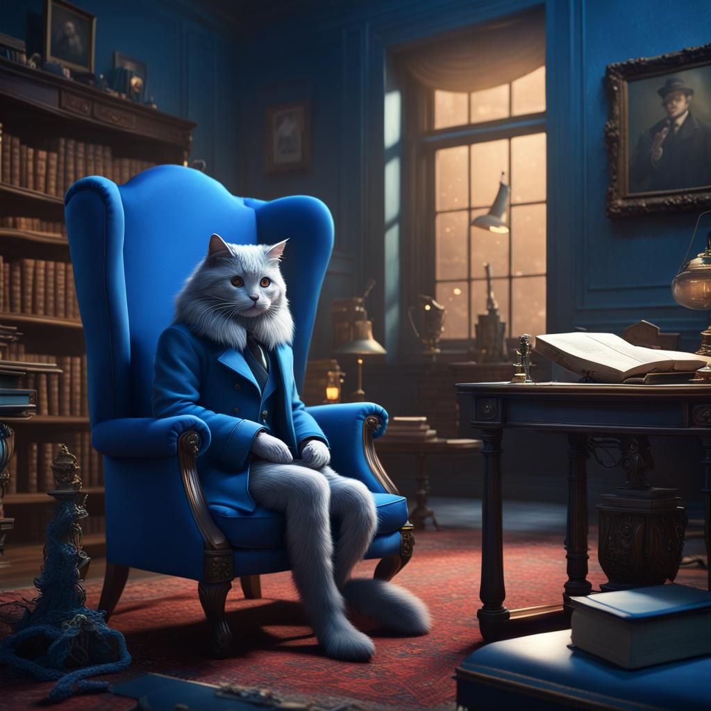Blue Detective with Mythical Cat: Fantasy Concept Art