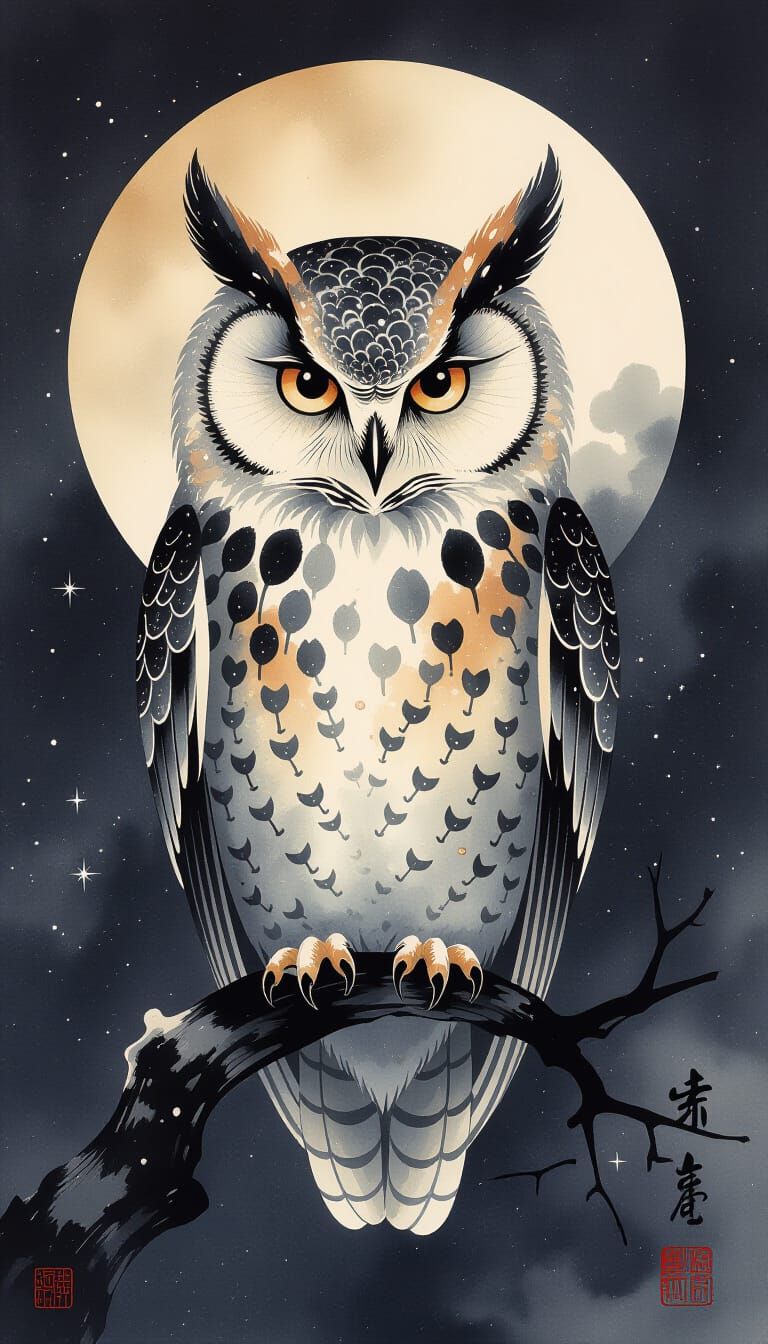 Ancient Wise Owl with Galaxy Feathers in Chinese Ink Style