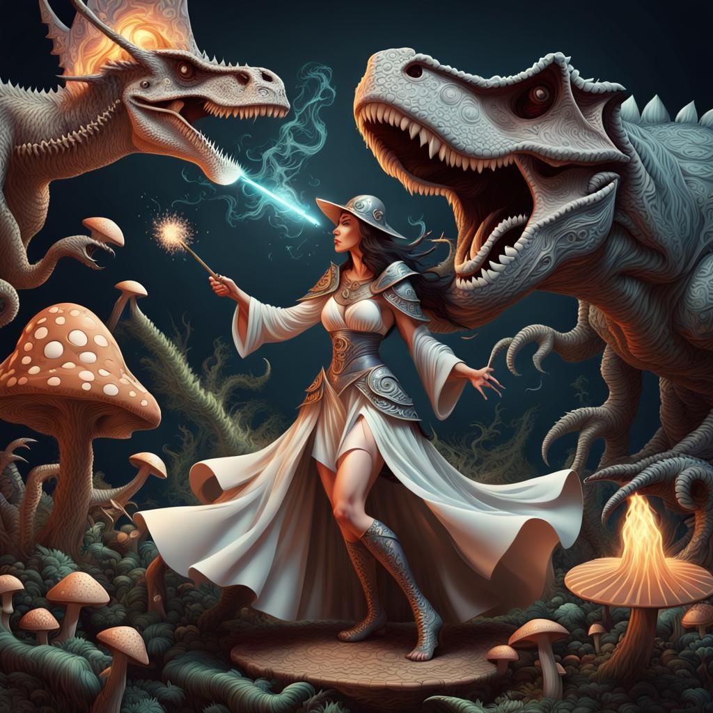 Sorceress Casting Spell Over Dinosaur with Vikings