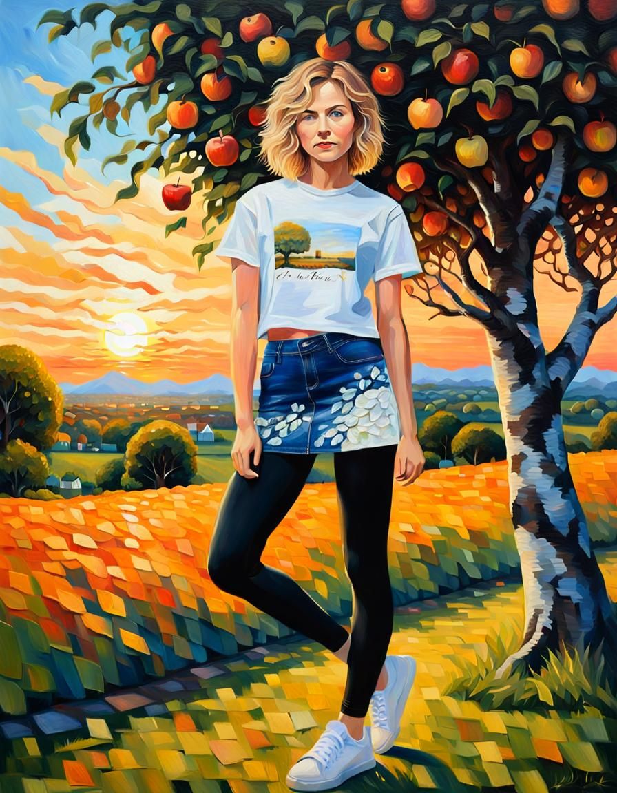 Blonde Woman in Denim Skirt, Palette Knife Oil Painting