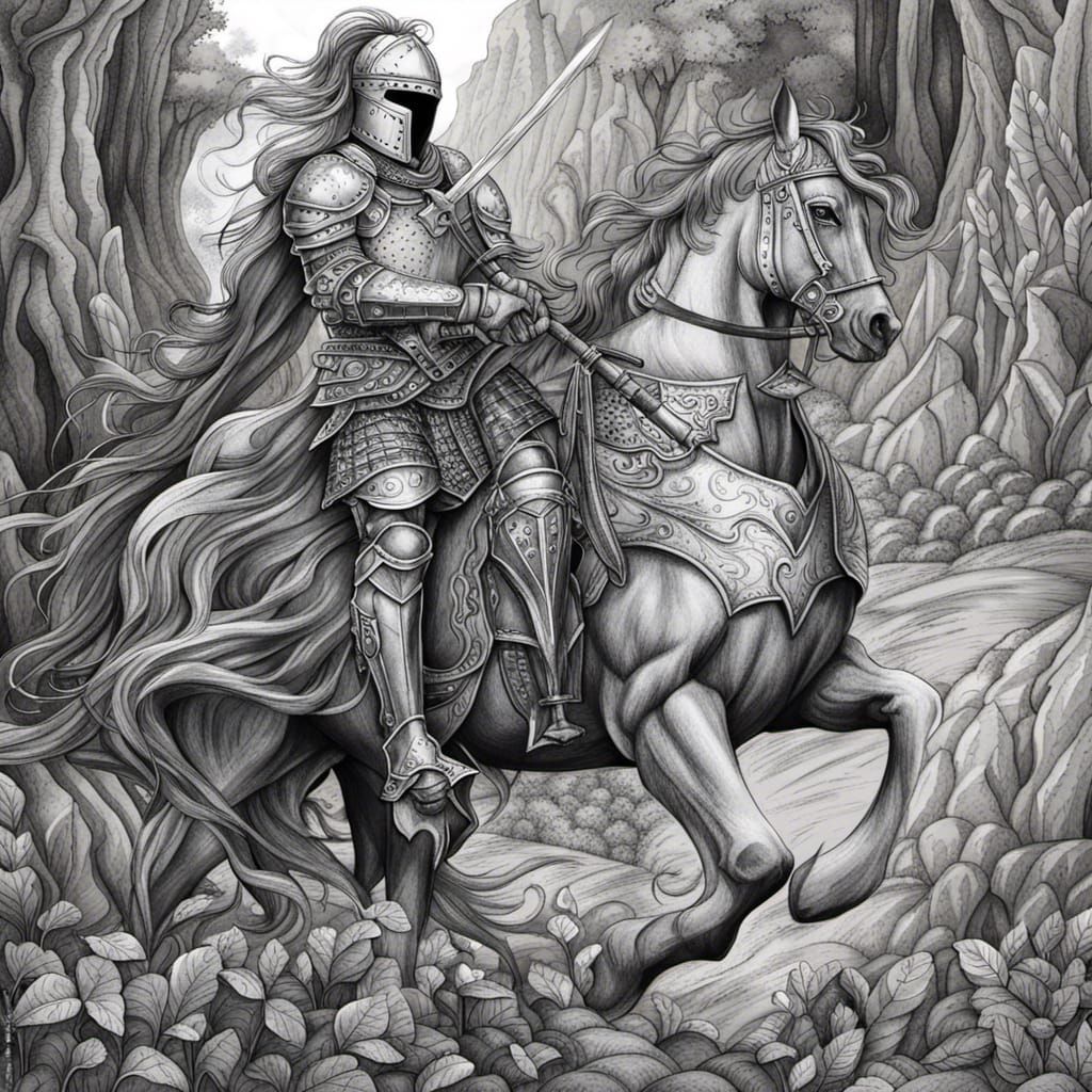 Fantasy Knight Coloring Book Page in Charcoal