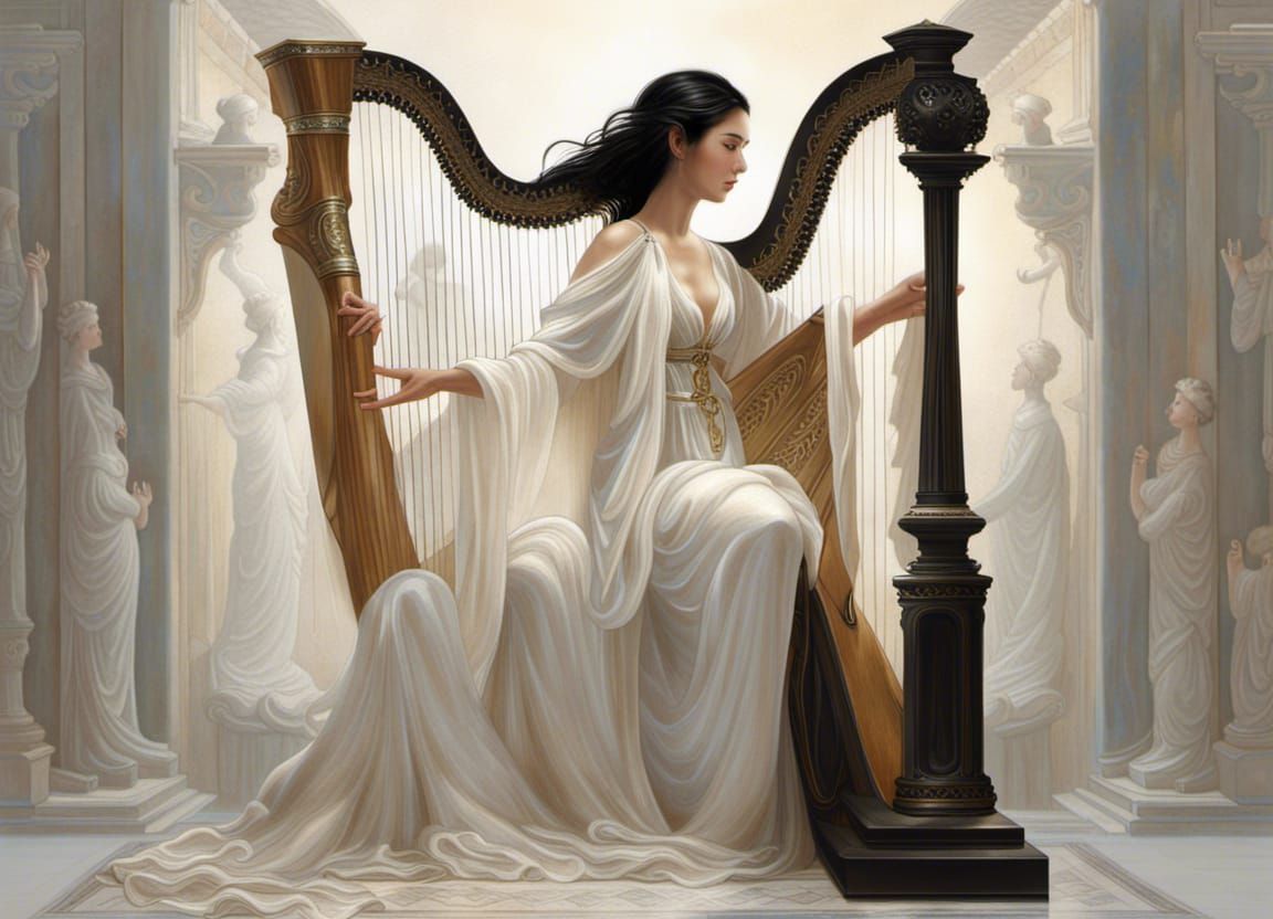 Hellenistic Goddess Playing Harp in Monet Style