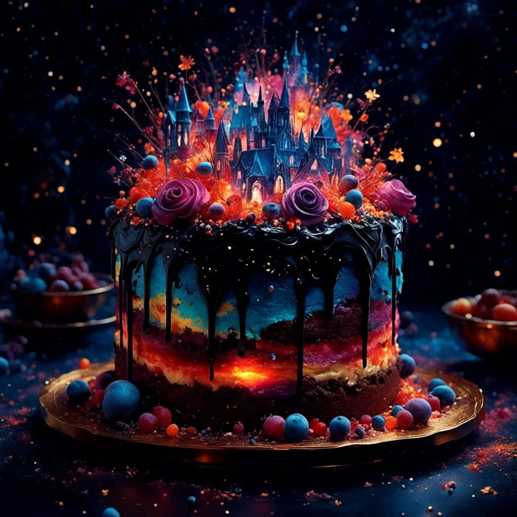 Luminescent Cosmic Cake in Folk Art Style