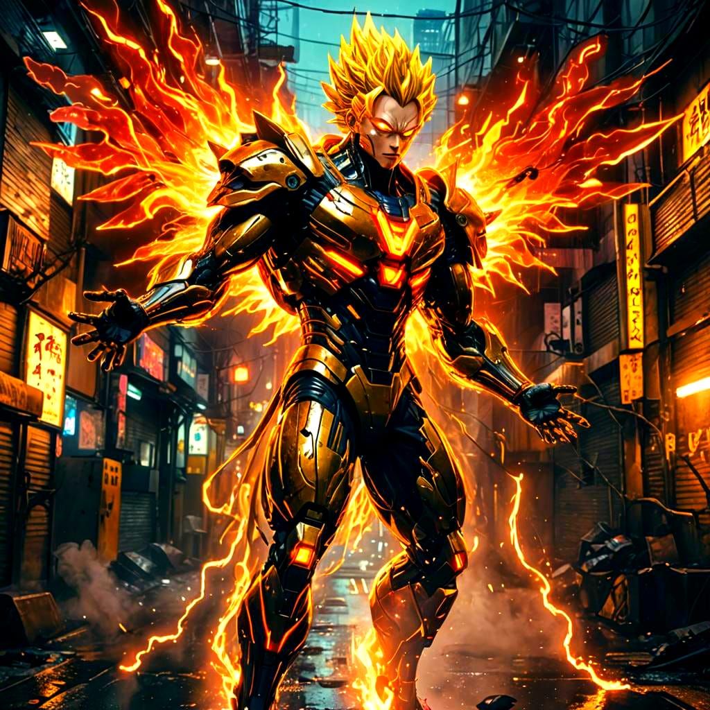 Cybernetic Villain Transforms in Super Saiyan Anime Art