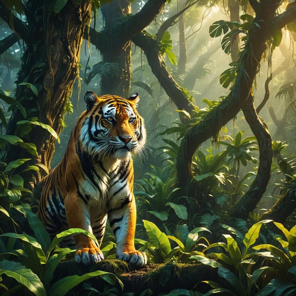 Tiger Enjoys Banana in Lush Jungle