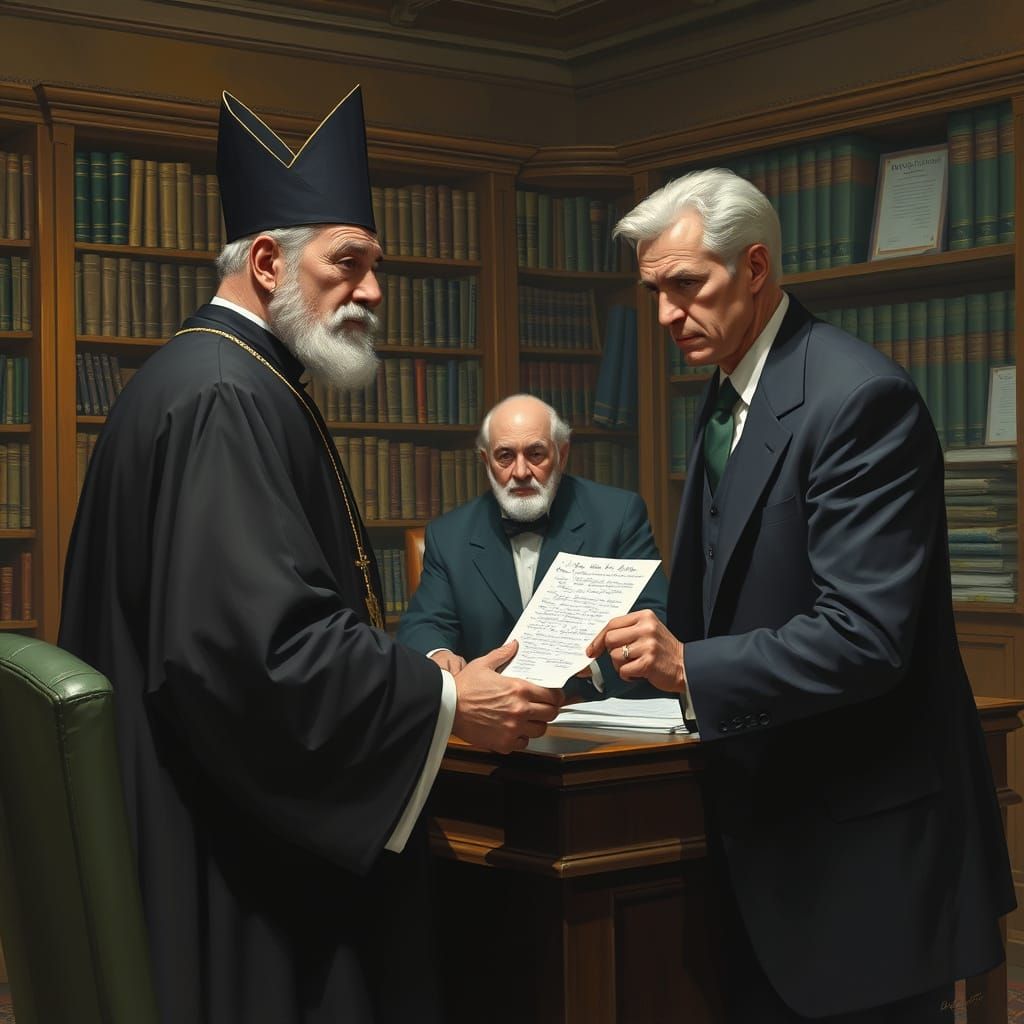 Catholic Priest Meets with Judge and Detective in a Law Offi...