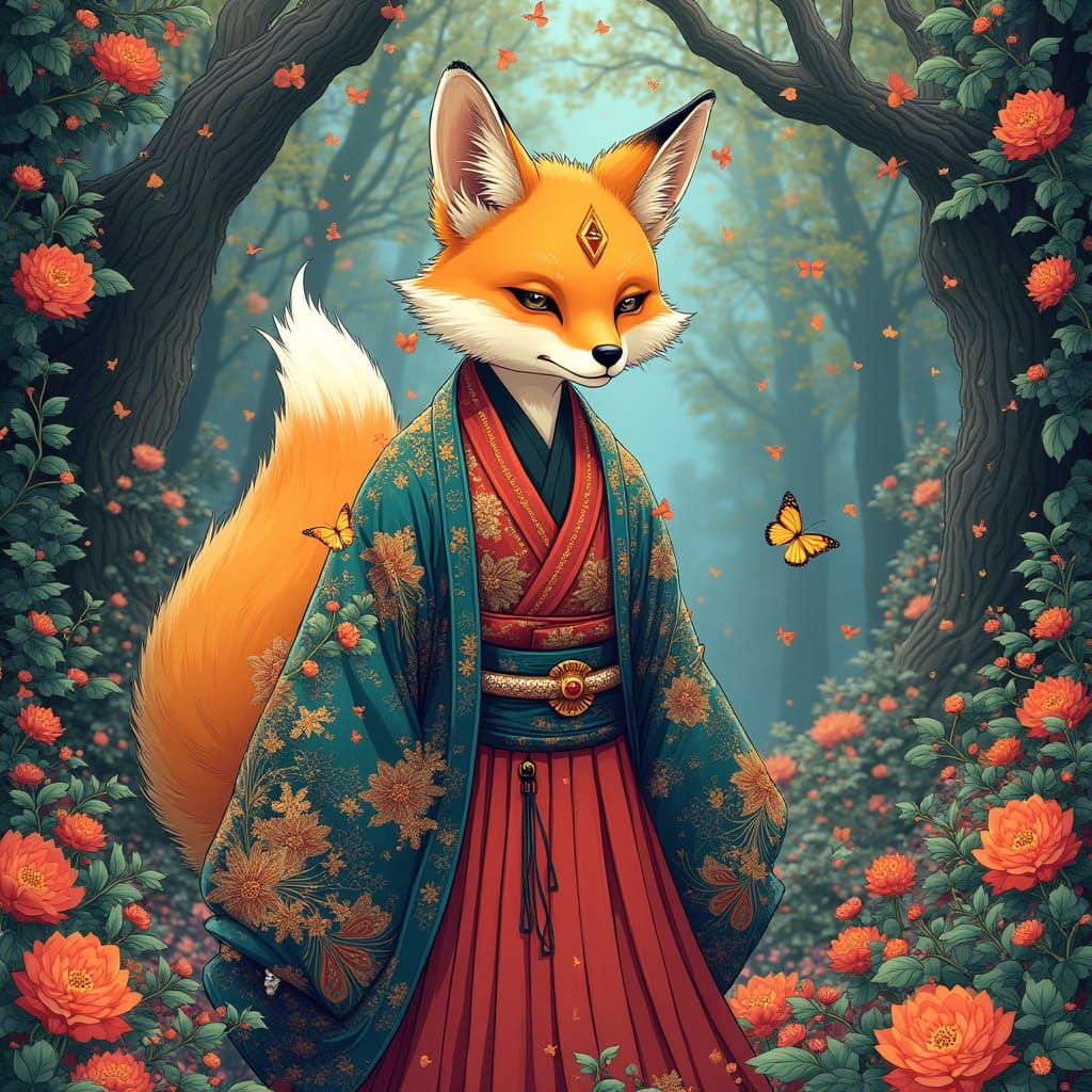Mystical Ten-Tailed Fox Spirit in Anime Style