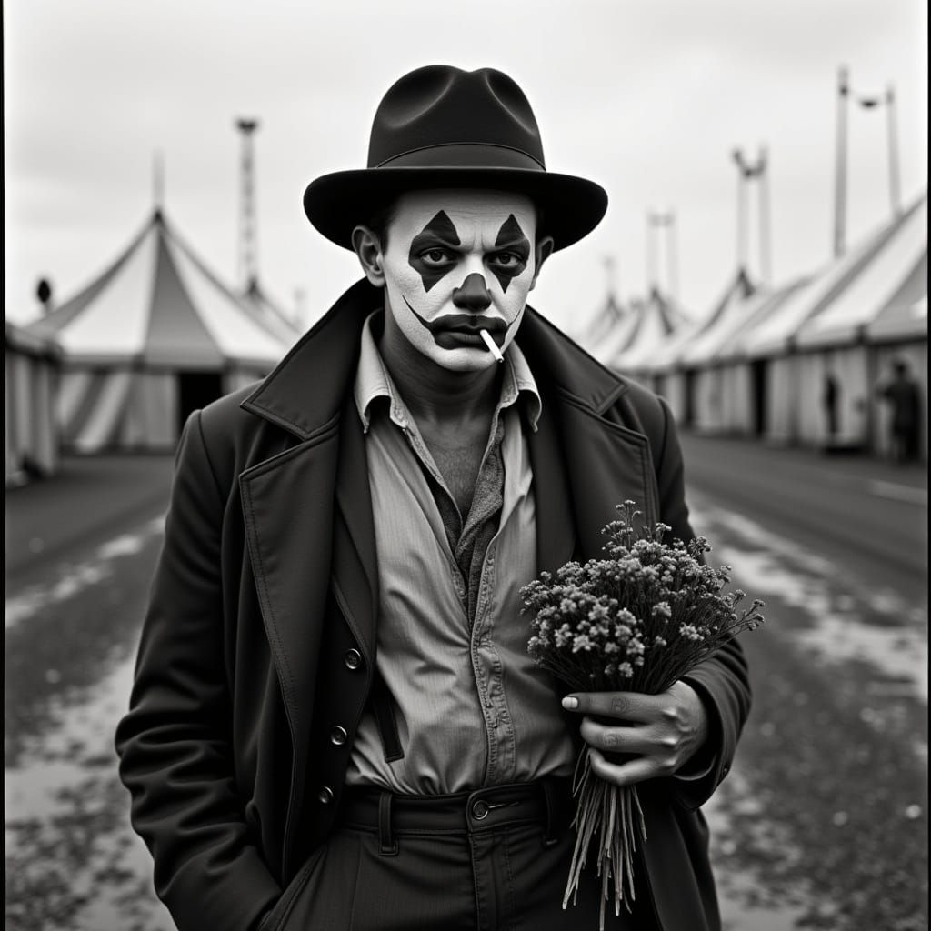 Gritty Black and White Photo of a Sad Clown