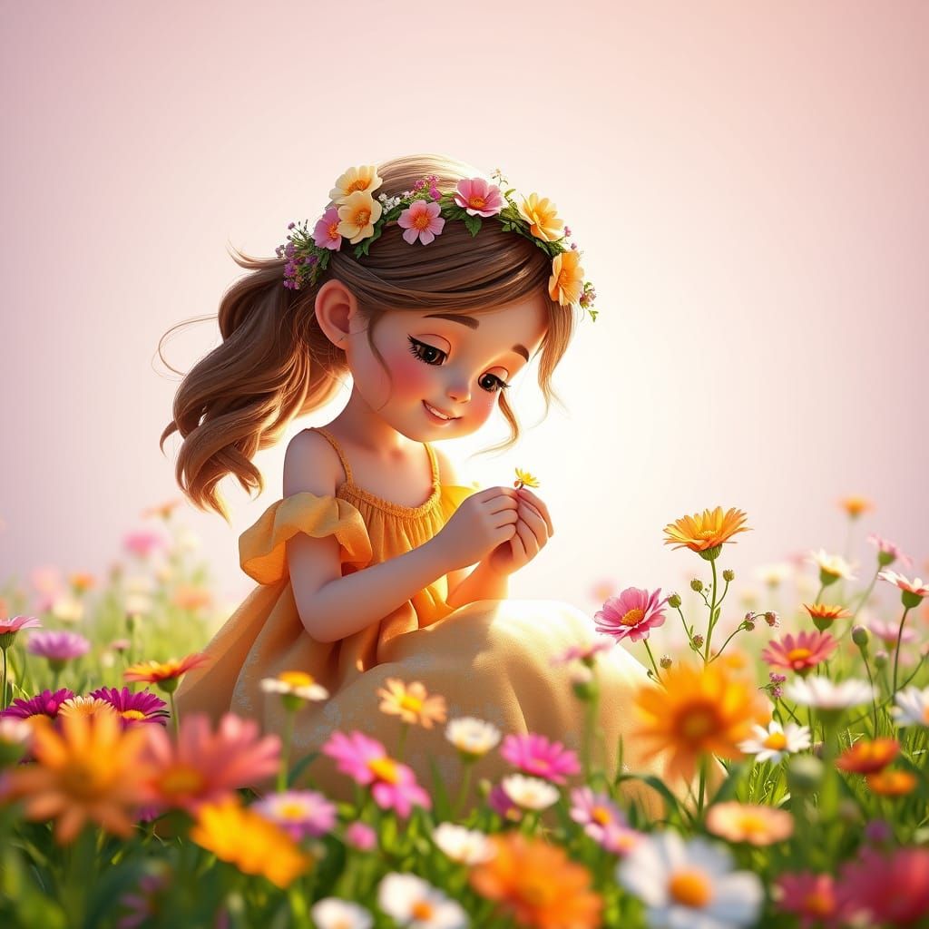 Young Girl Crafts Vibrant Flower Crown in Whimsical 3D Digit...