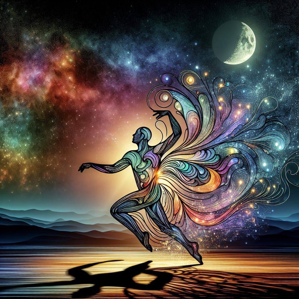 Cyberpunk Dancer in Moonlit Cosmic Harmony
