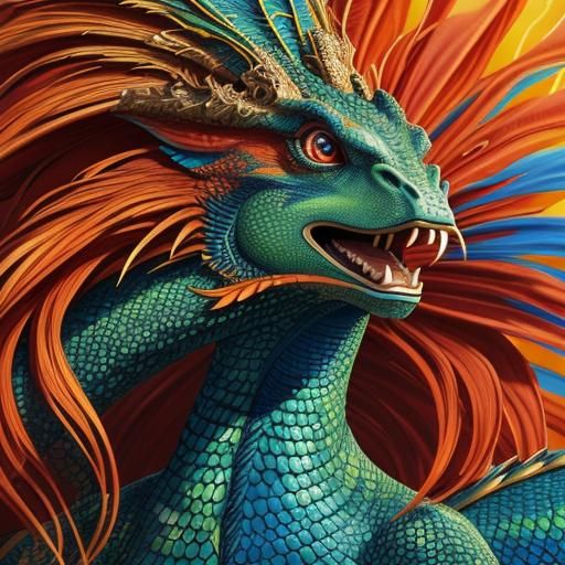 Dragon Woman Portrait with Peacock Feathers, Digital Art