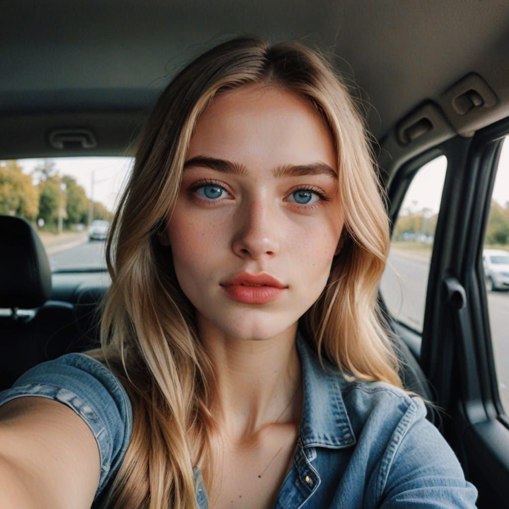 Woman Takes Selfie Inside Car with Real Photo Foreground