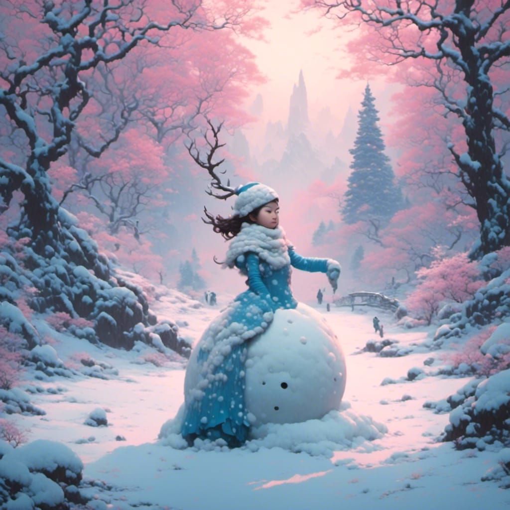 Mystical snowman with a little girls head in a enchanting ma...