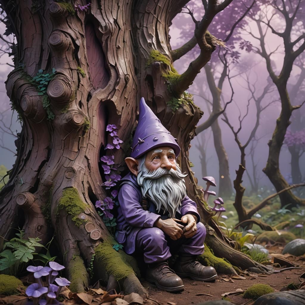 Gnome Hidden Behind Tree in Matte Painting Style